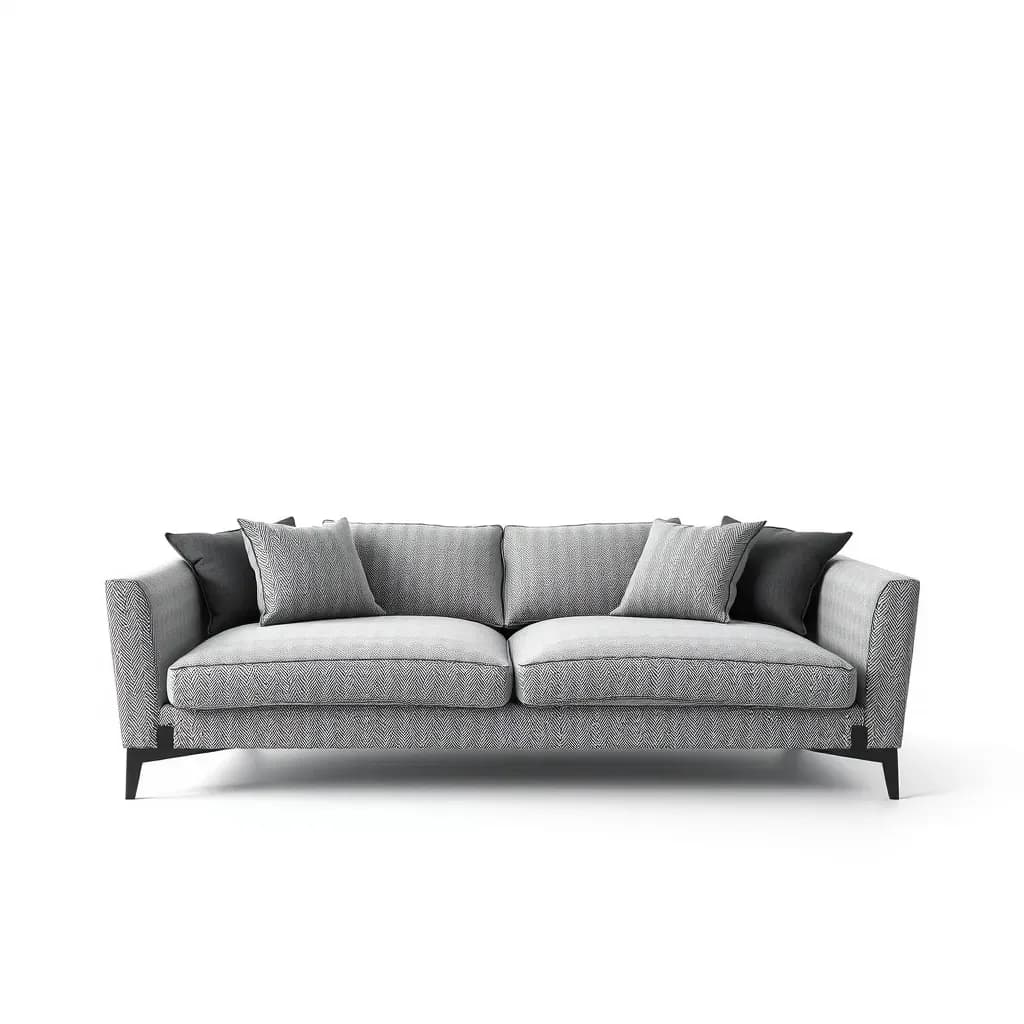 Weiß-graues Sofa mit Muster, mehreren Kissen auf weißem Hintergrund.