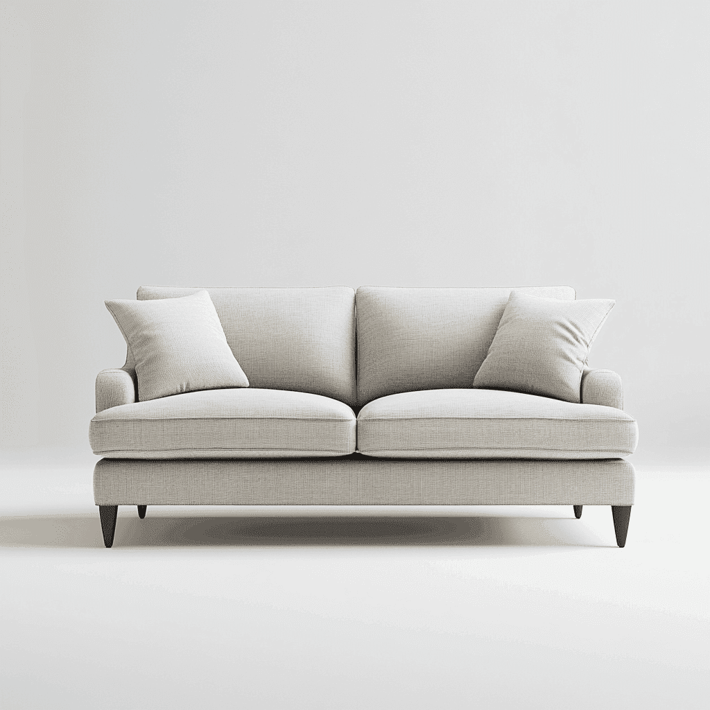Weißes Sofa mit Kissen vor weißer Wand und weißem Boden.