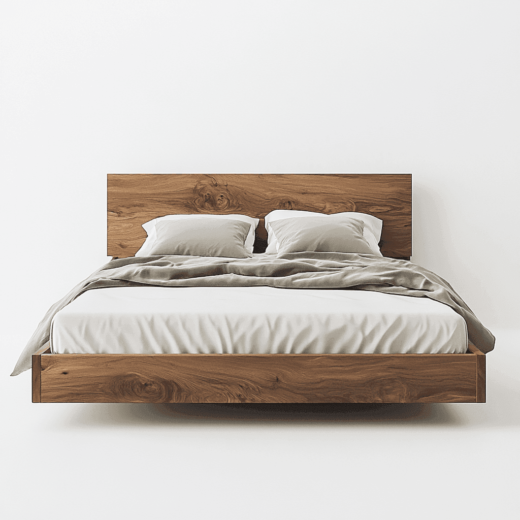 Ein Bett mit einem breiten, holzgefertigten Kopfteil und einer weißen Matratze auf einem breiten Bettgestell.