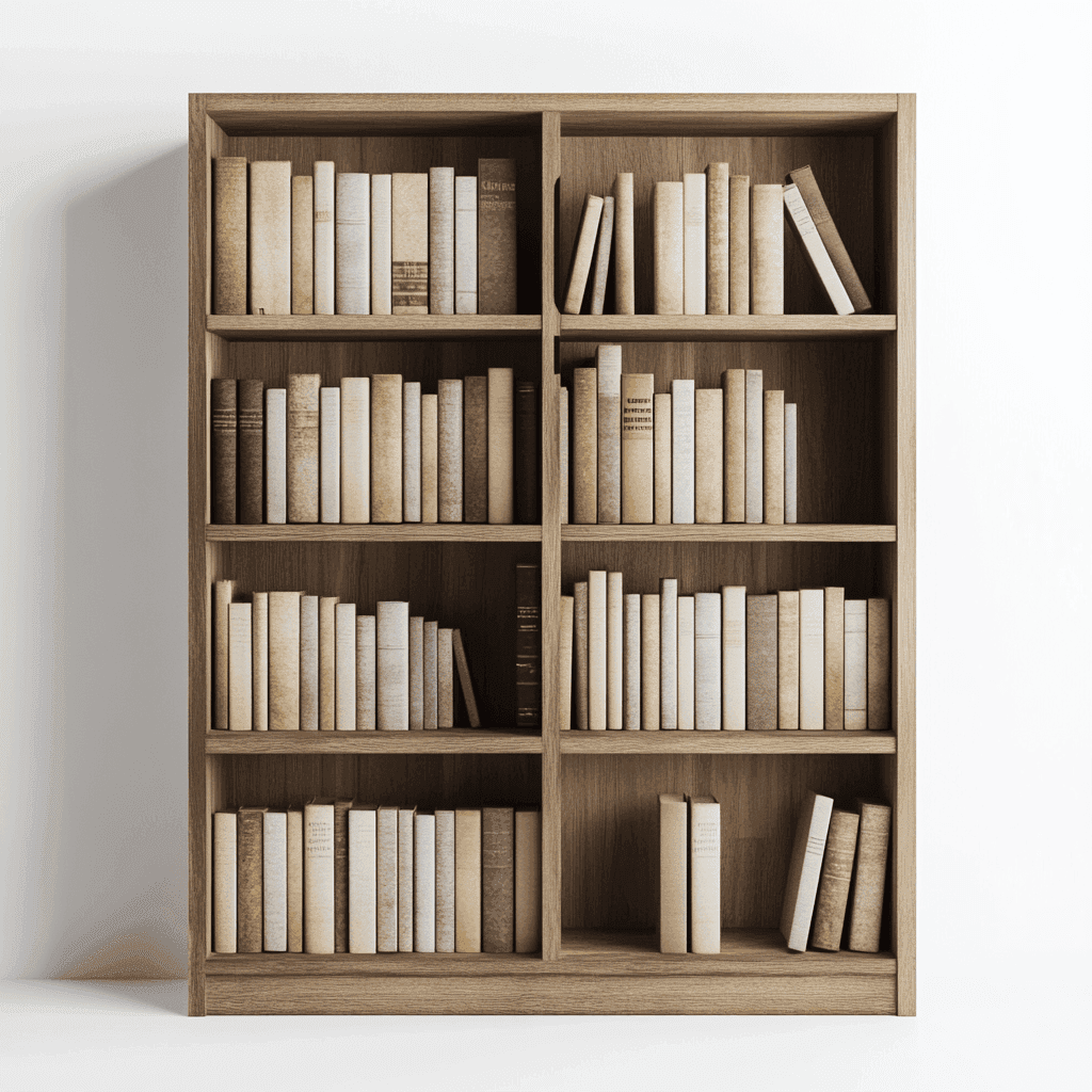 Bücherregal mit vielen Büchern, helles Holz, weißer Hintergrund. Sechs Fächer pro Seite.