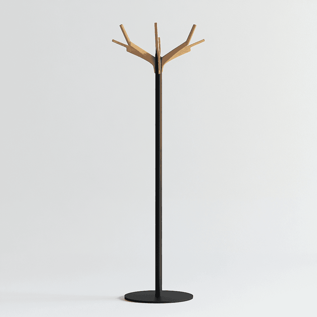 Ein Ständer sieht aus wie ein Baum mit einem großen Blatt und kleinen Zweigen. Der Ständer hat einen schwarzen Stamm, die Zweige sind braun und einige kleine Äste am Ende des Stammes. Ein großes Blatt sitzt oben auf dem Stamm.
