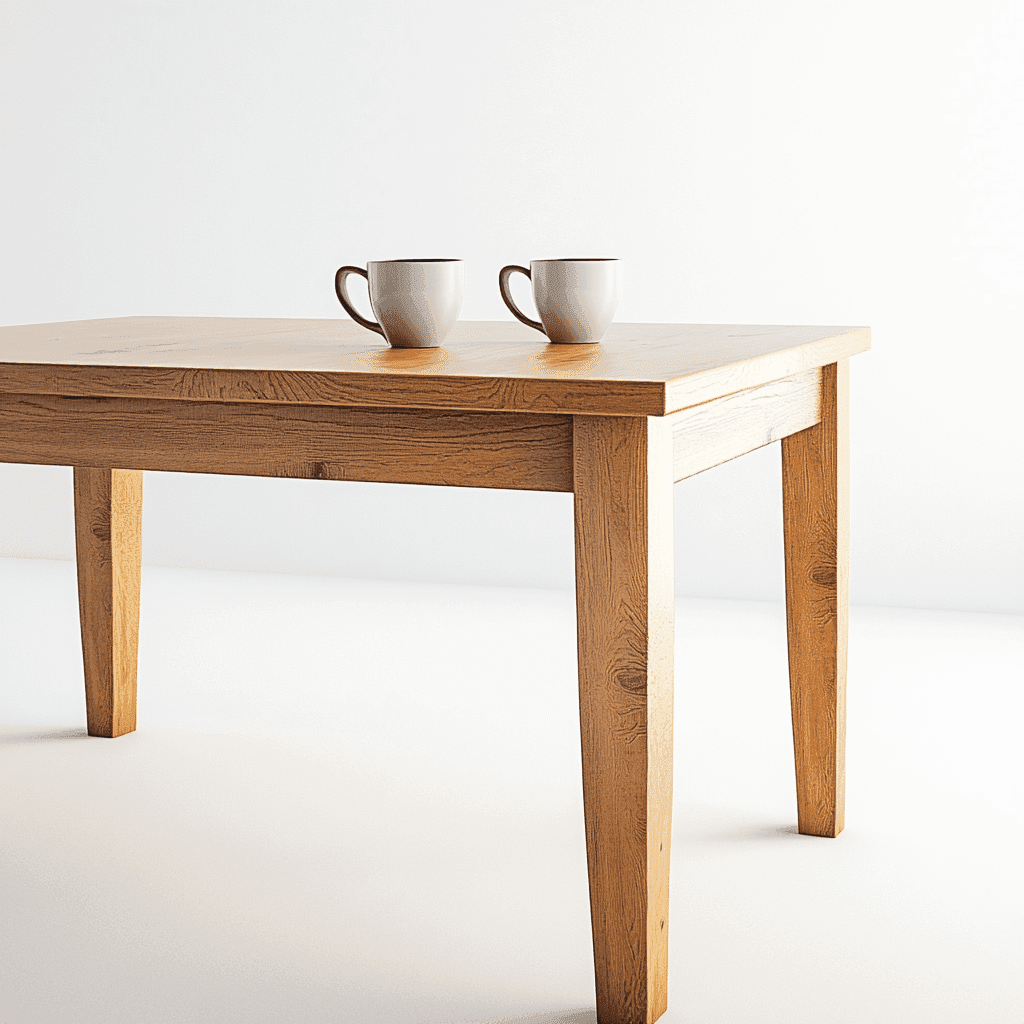 Holztisch mit zwei Kaffeetassen.