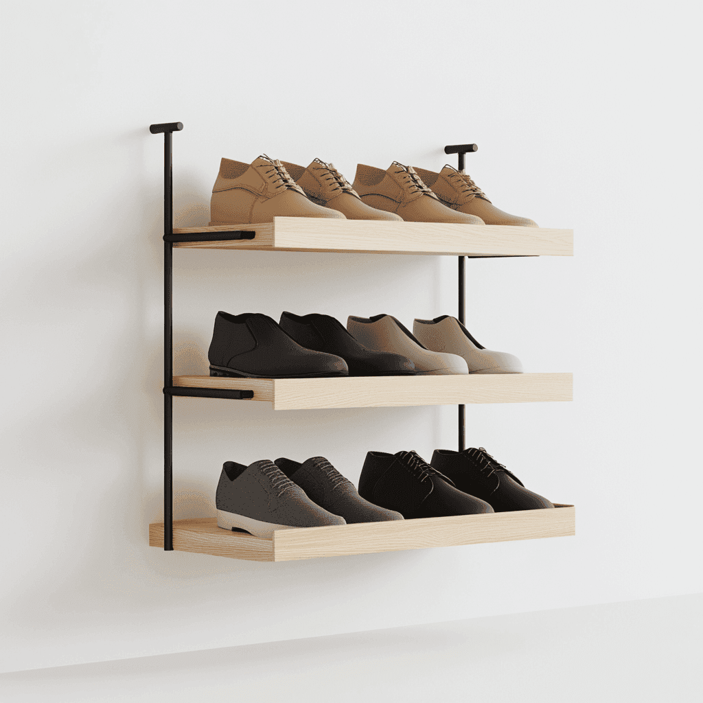Schuhregalwand aus drei Holzplatten an einem Metallrahmen, auf denen Paare Schuhe stehen.