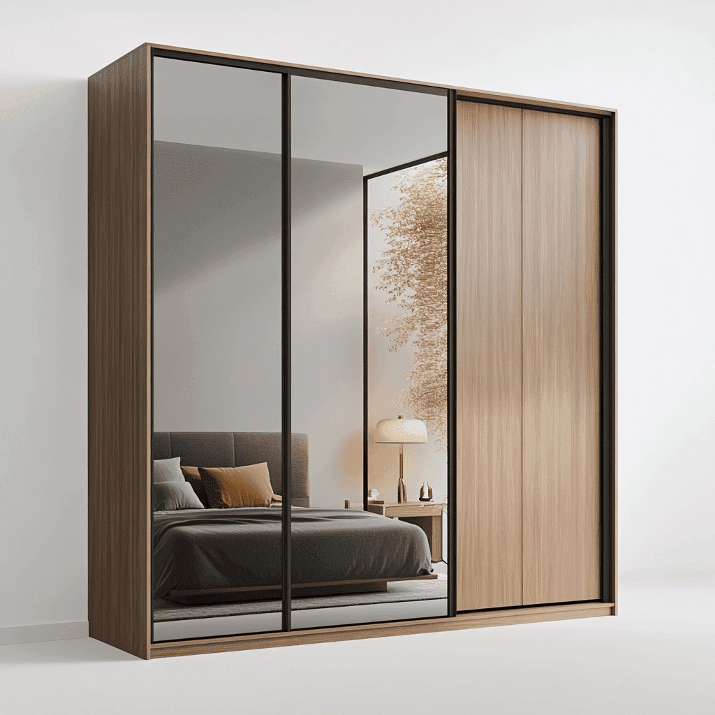 Ein großes, mit Glas getöpfeltes Schrankbett im modernen Stil mit großem Spiegel und Schlaf- oder Arbeitslandschaft.