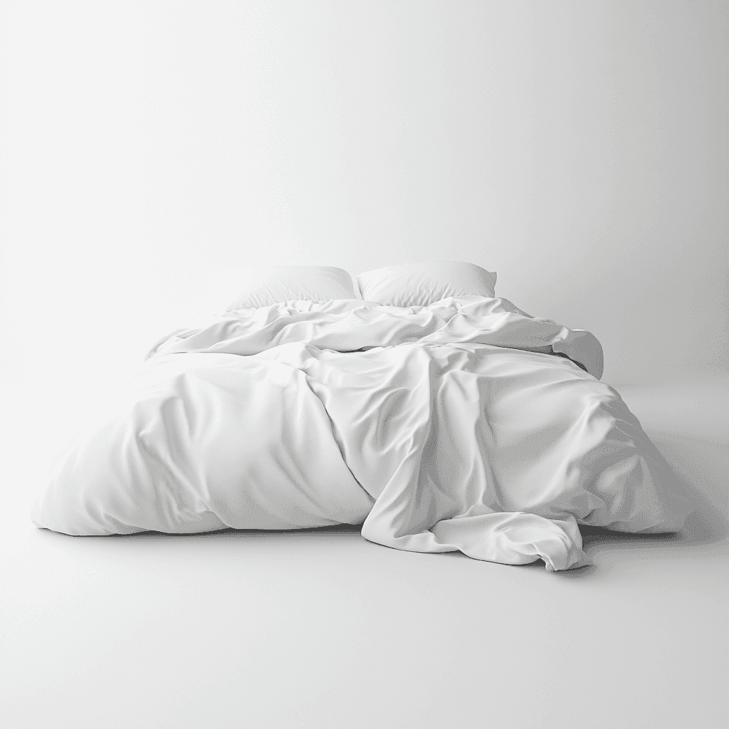 Weißes Bett mit zerknitterten Laken und Kissen auf weißem Hintergrund.