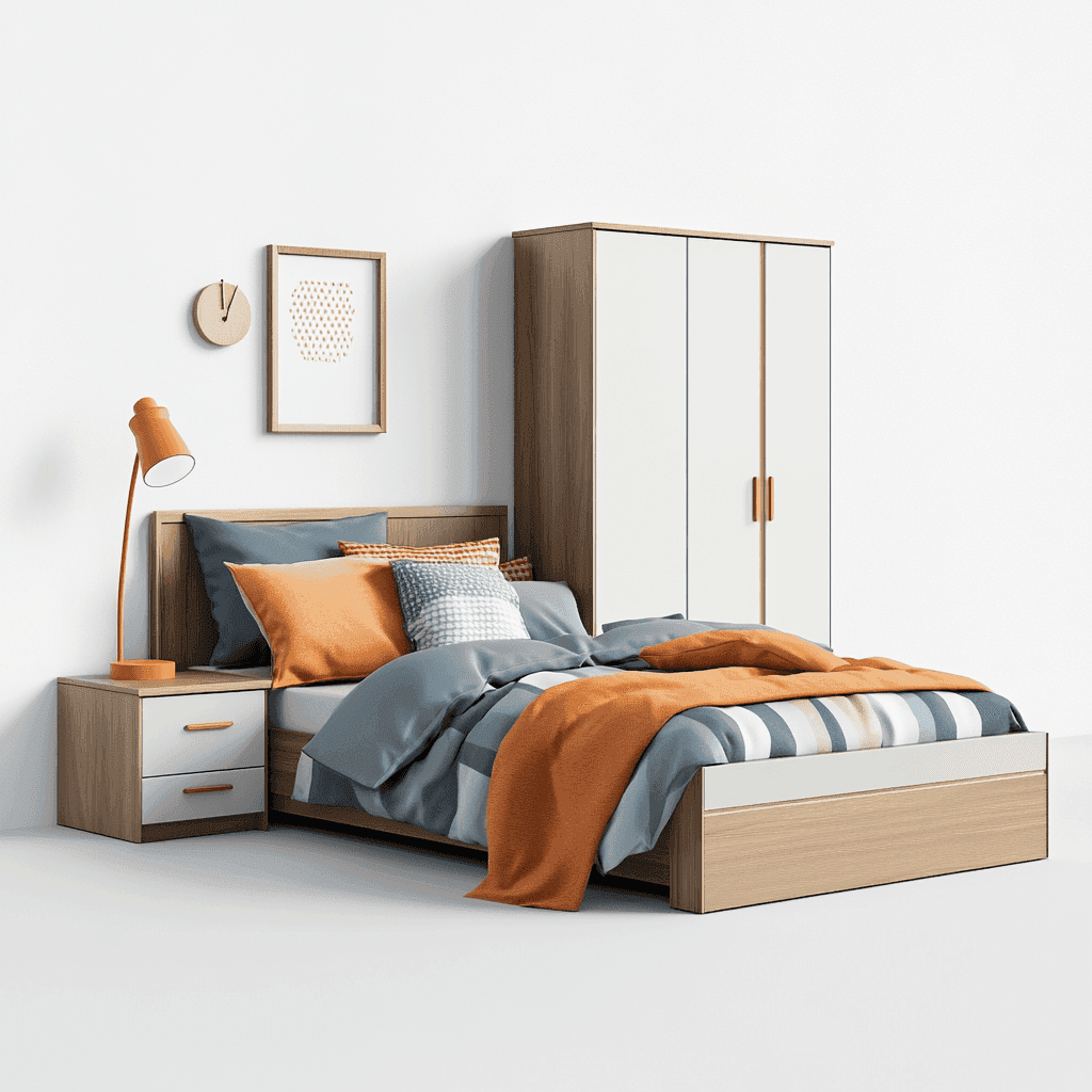 Moderne Schlafzimmer mit Doppelbett, Kleiderschrank, Nachttisch und Wanduhr.