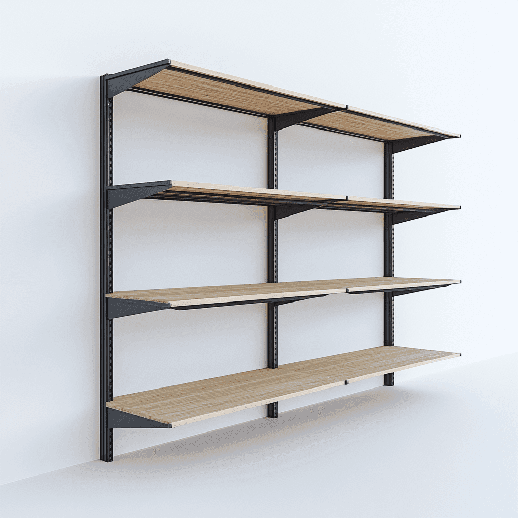 Regalsystem mit vier Holzböden an einer weißen Wand. Schwarzes Metallgestell.