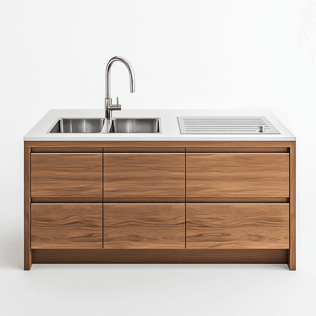 Küchenzeile mit weißem Arbeitsblatt, Spüle und Wasserhahn aus Holz. Mehrere Schubladen und Utensilien auf dem Arbeitsblatt.