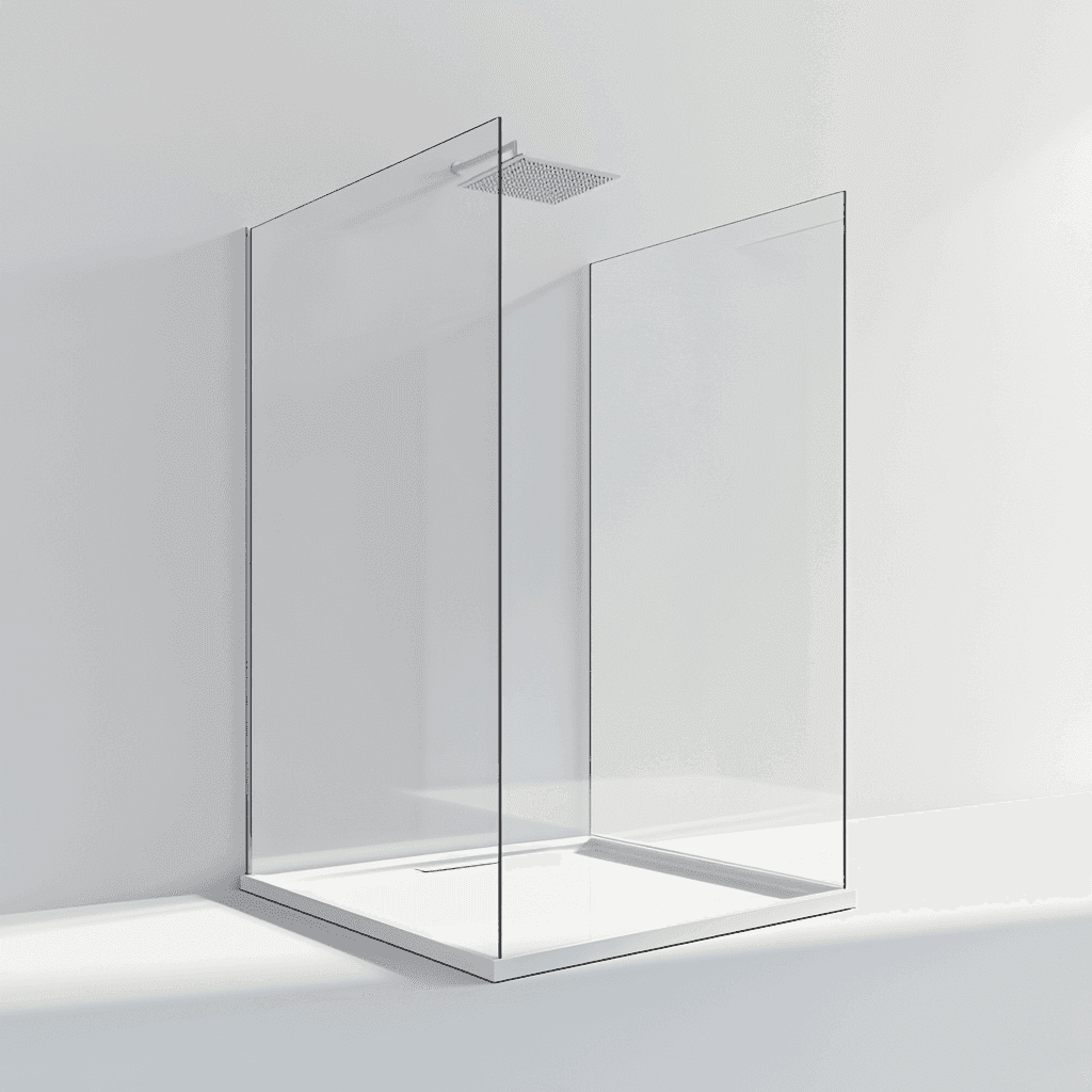 Ein Glasbad mit großer, rechteckiger Scheibe und kleinem Wasserhahn am oberen Rand. Weiß gefliestes Bad neben dem Glasbad.