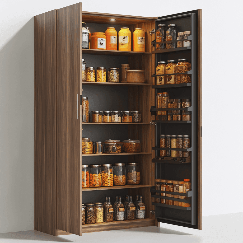 Großer Holzschrank mit Regalen, gefüllt mit Lebensmitteln und Küchenartikeln, sowie Gläsern.