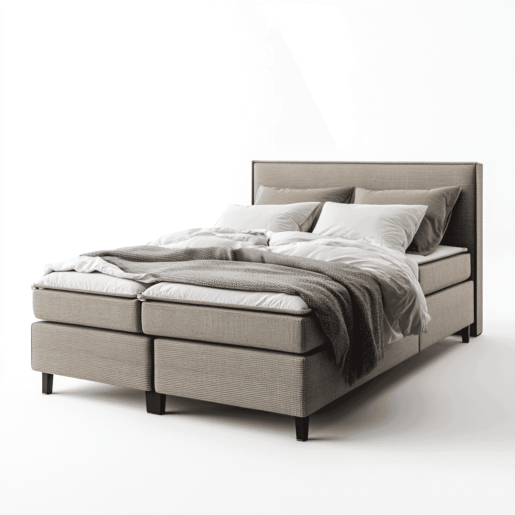 Bett mit weißer und grauer Bettwäsche auf weißem Hintergrund.