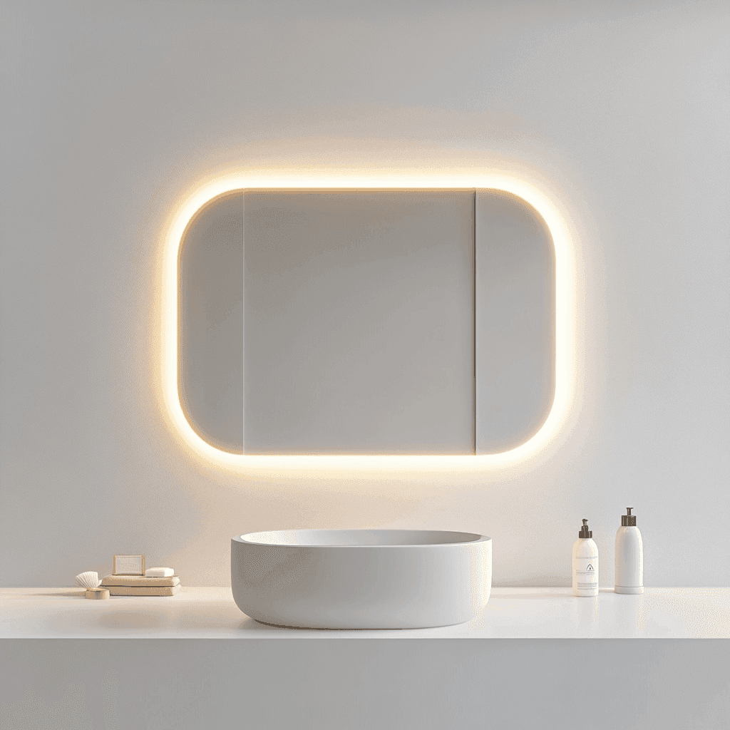 Moderner Badezimmerspiegel im hellen, eleganten Design, an der Wand befestigt.