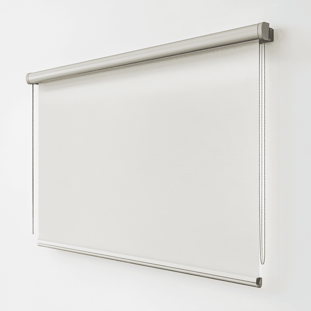 Ein weißer Rollladen aus Metall mit Fadensystem und transparentem Material.