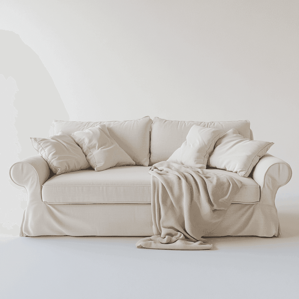 Weißes Sofa auf weißem Boden vor weißer Wand, leicht mit Schal bedeckt.