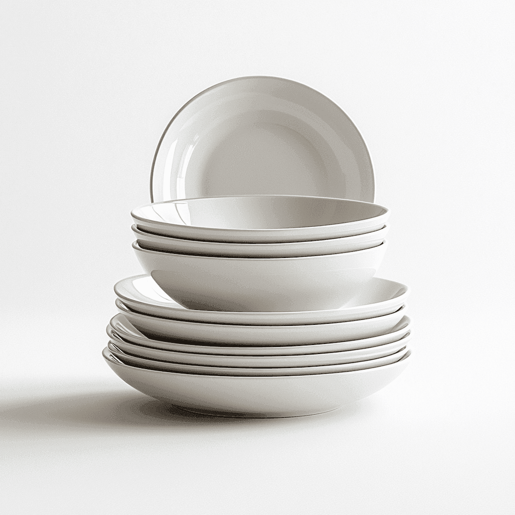 Eine weiße Stackschale auf einem weißen Tisch mit einer grauen Abdeckung und einem leeren Glas.