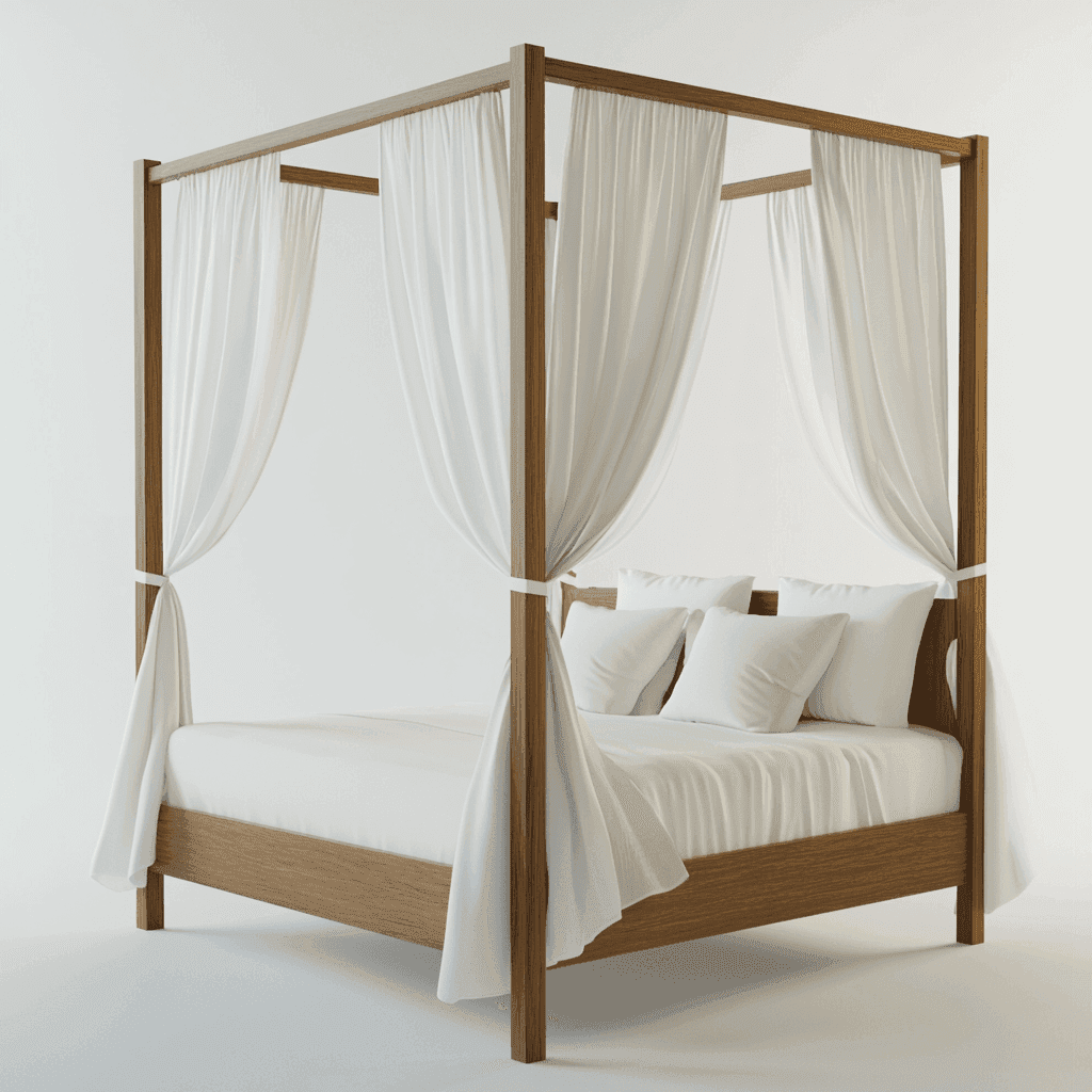 Himmelbett mit vierbeinigem Rahmen, weißen Laken und Vorhängen.