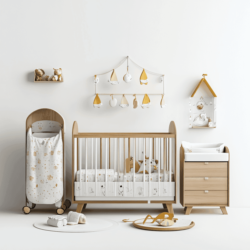 Babyzimmer mit Bett, Kommode, Spielzeug, weiß-goldene Gestaltung.