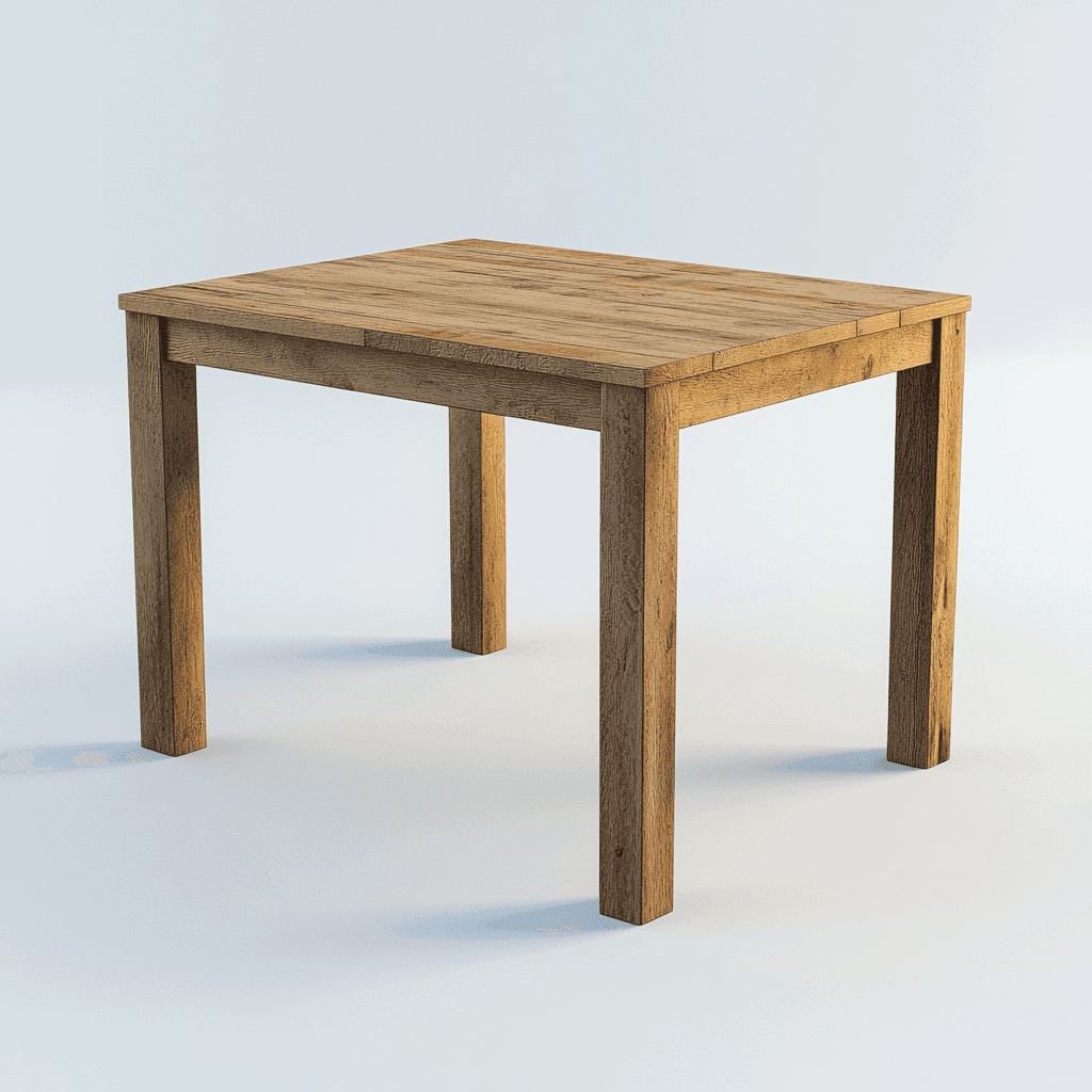 Ein Tischmodell aus Holz mit vier Beinen und natürlicher Farbe.