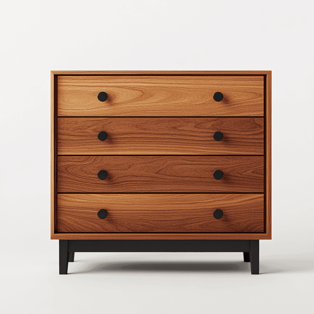 Ein Möbelstück mit vier Schubladen im schlichten Design auf weißem Hintergrund.