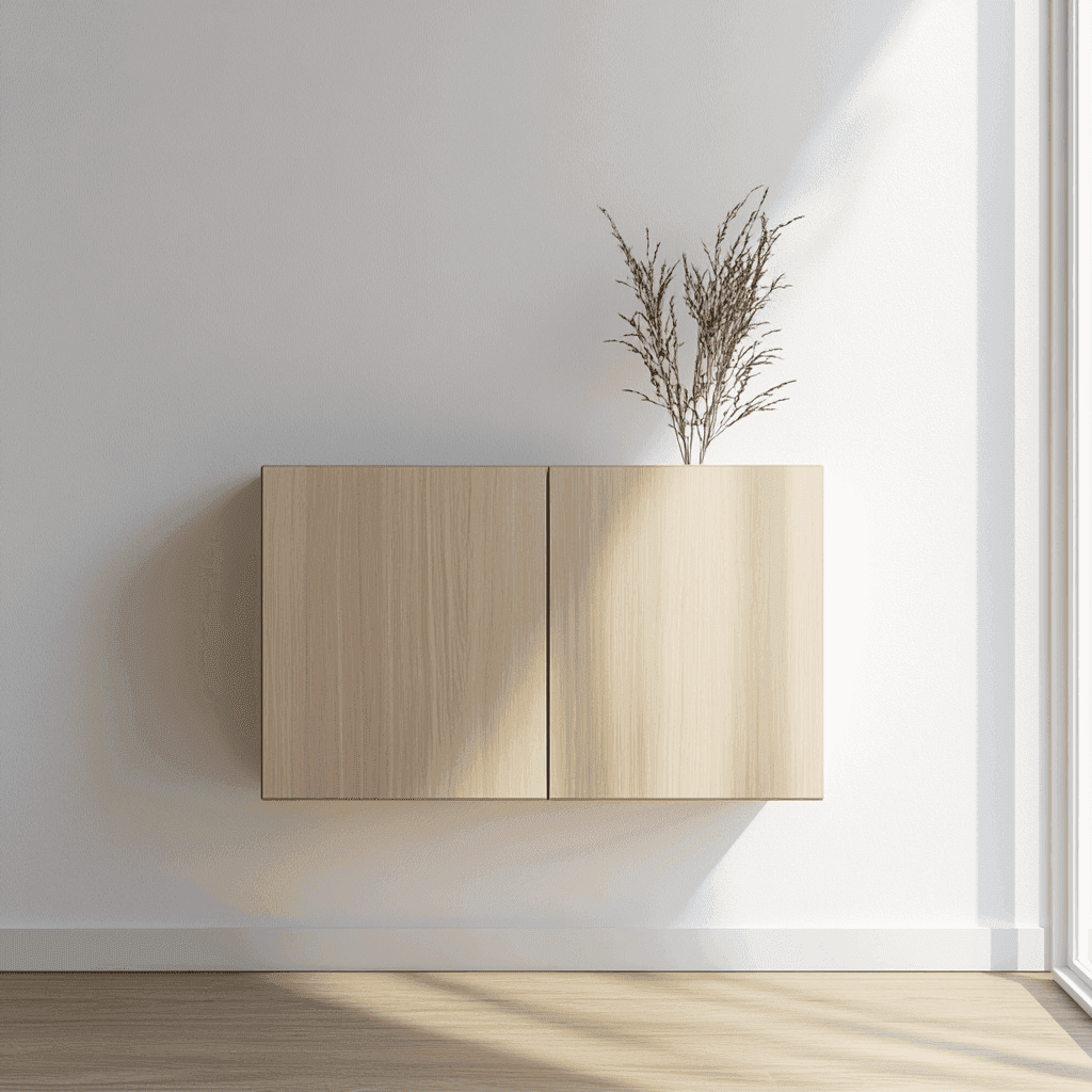 Ein modernes weißes Zimmer mit einer Schrankwand und Sonnenstrahlen, die auf die Wand fallen. Eine Pflanze befindet sich auf der Schrankwand.