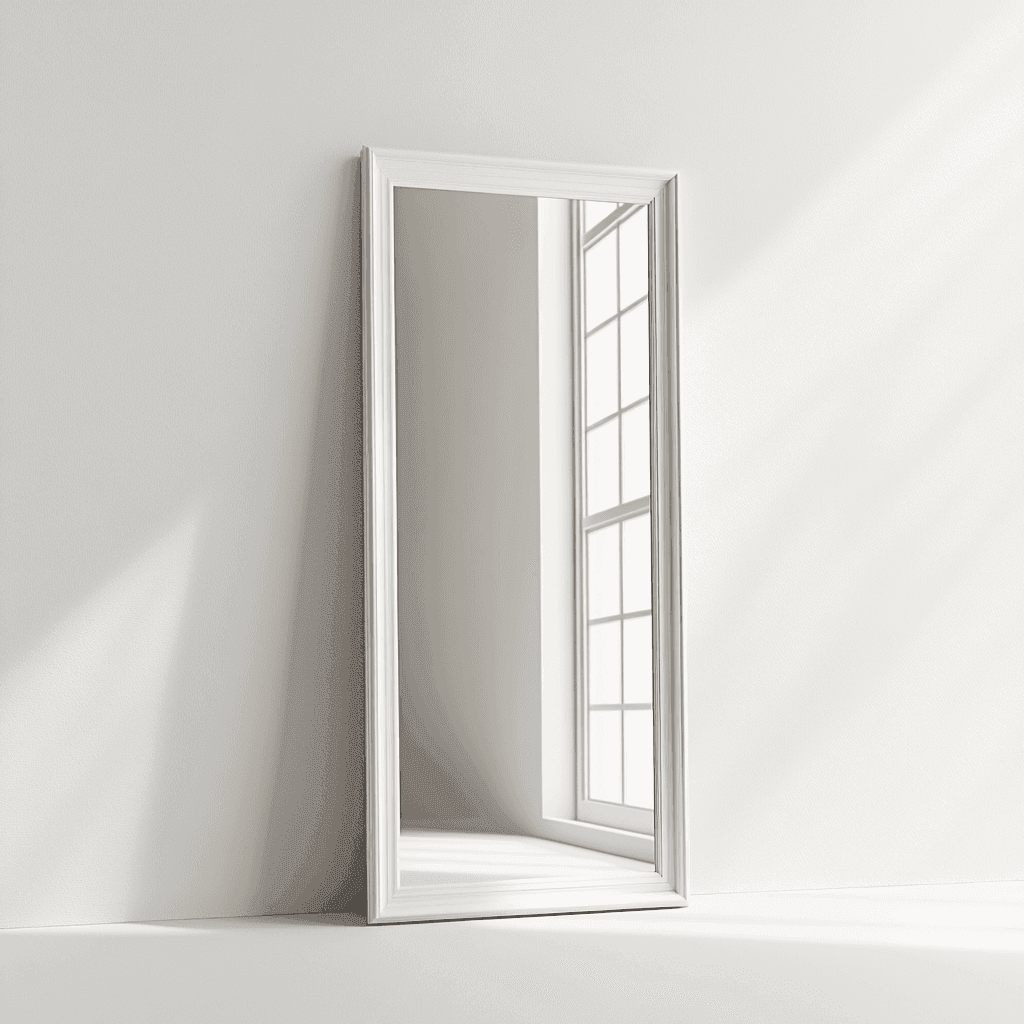 Ein Fenster mit weißem Rahmen und Scheiben in einem weißen Raum, beleuchtet vom Sonnenlicht.