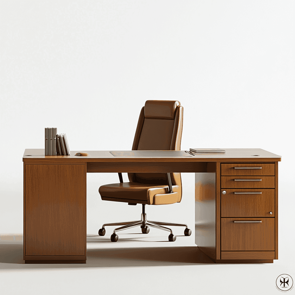 Ein Büro mit Tisch, Stuhl, Schubladen und Möbeln für einen Chef oder Manager.