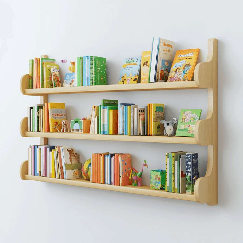 Bücherregal mit Büchern und Kinderspielzeug auf drei Regalen.