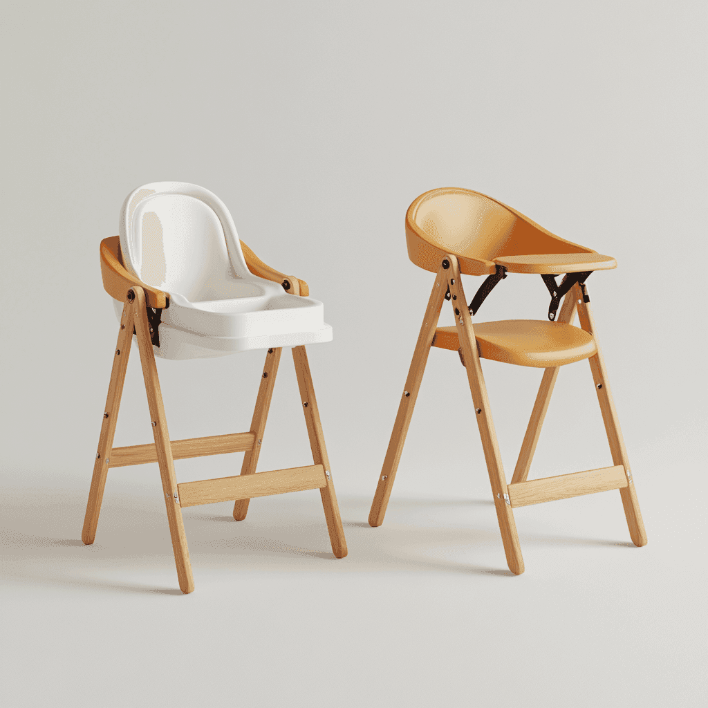 Zwei Kinderhochstühle, eines mit Tisch, aus Holz gefertigt und auswaschbar.