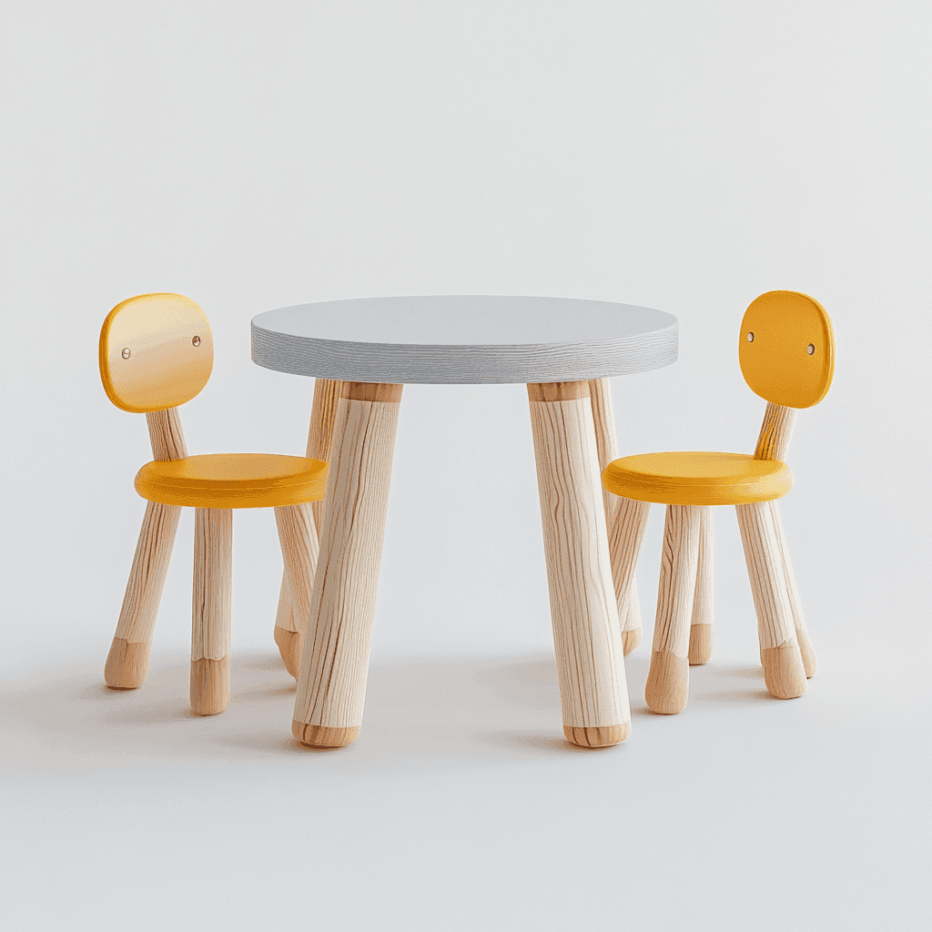 Holz-Kinderspielzeugset bestehend aus weiß lackiertem Tisch und zwei Stühlen.