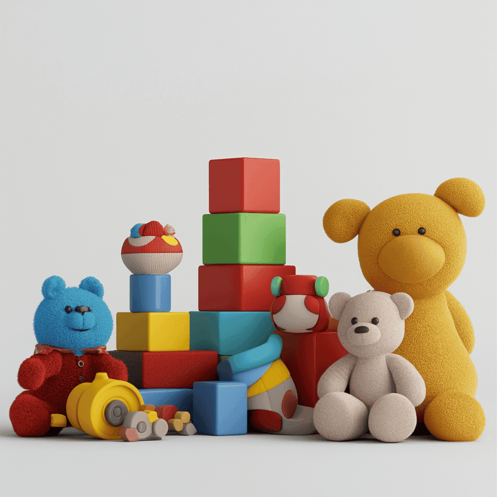 Spielzeuge, darunter Teddybären und Bauklötze, liegen vor weißem Hintergrund.