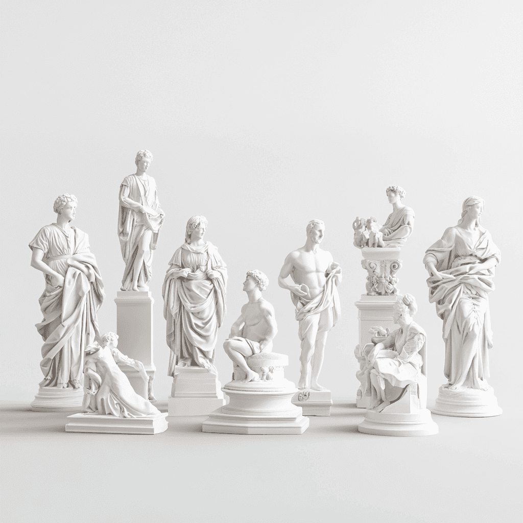 Sammlung von Statuen verschiedener Stile und Epochen in einem weißen Raum.
