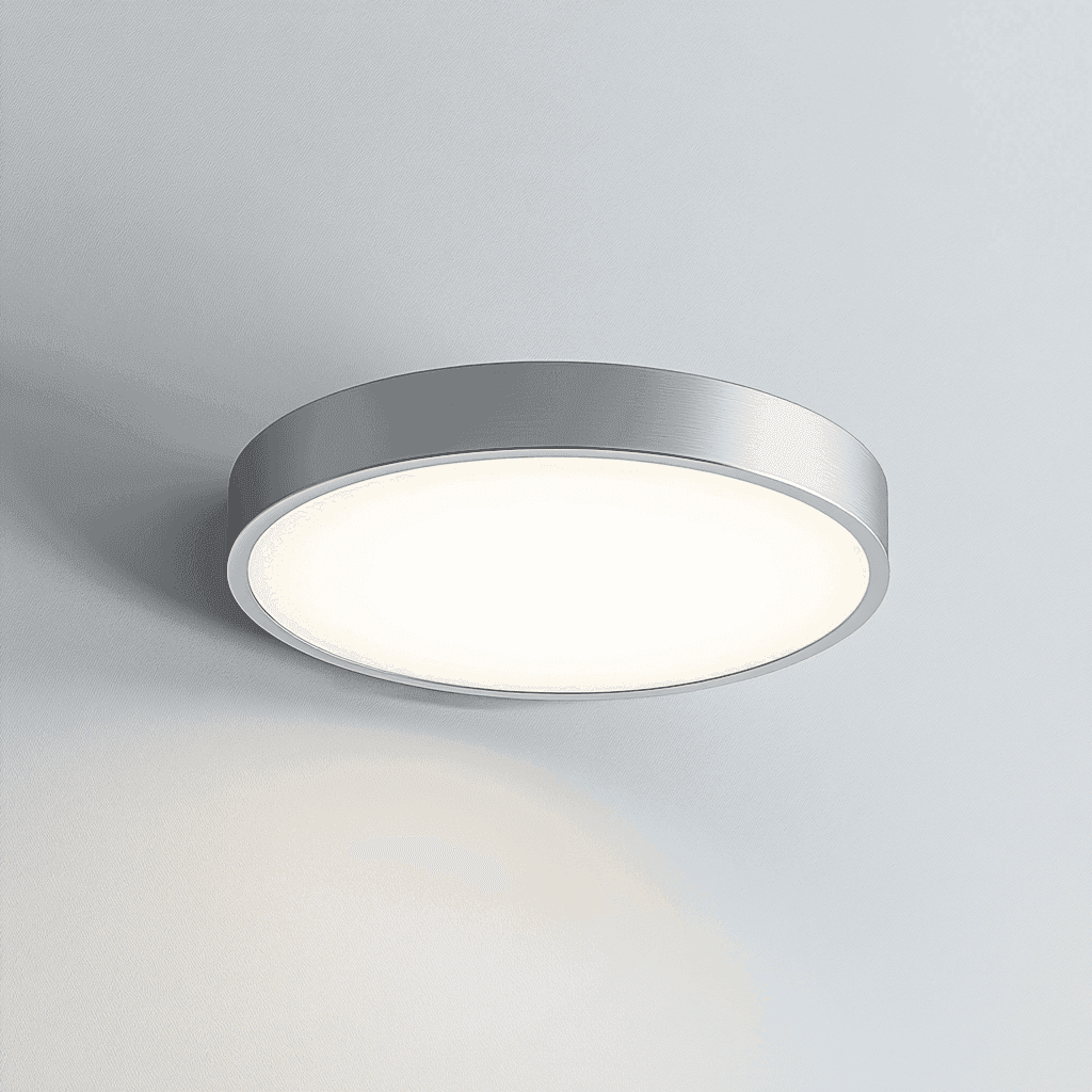 Ovaler Lichtschalter mit weißem Inneren, silbernem Rahmen auf grauer Wand.