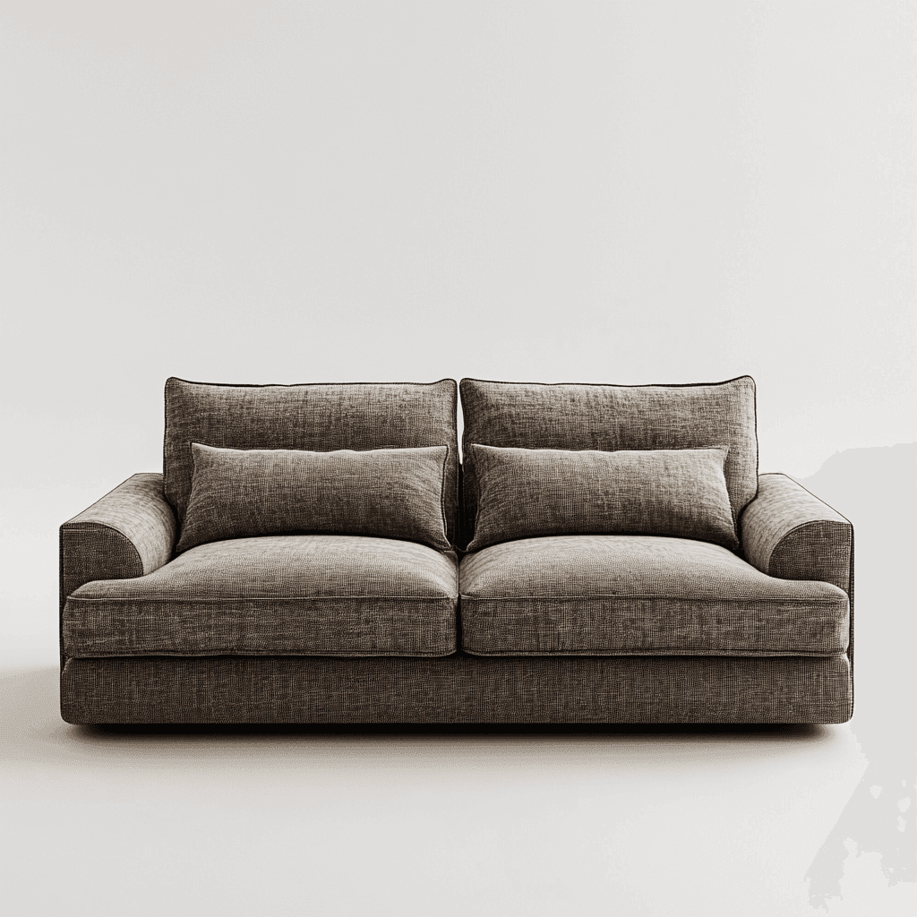 Graues, zweisitziges Sofa mit zwei Kissen vor weißer Wand und Boden.