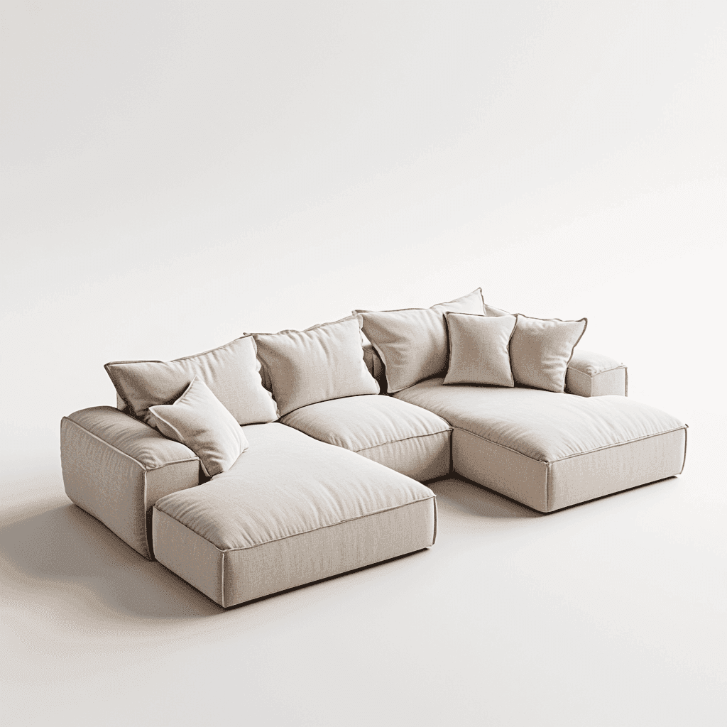 Weißes, großes Wohnzimmersofa mit rechter Eckbank und Kissen auf hellem Boden.