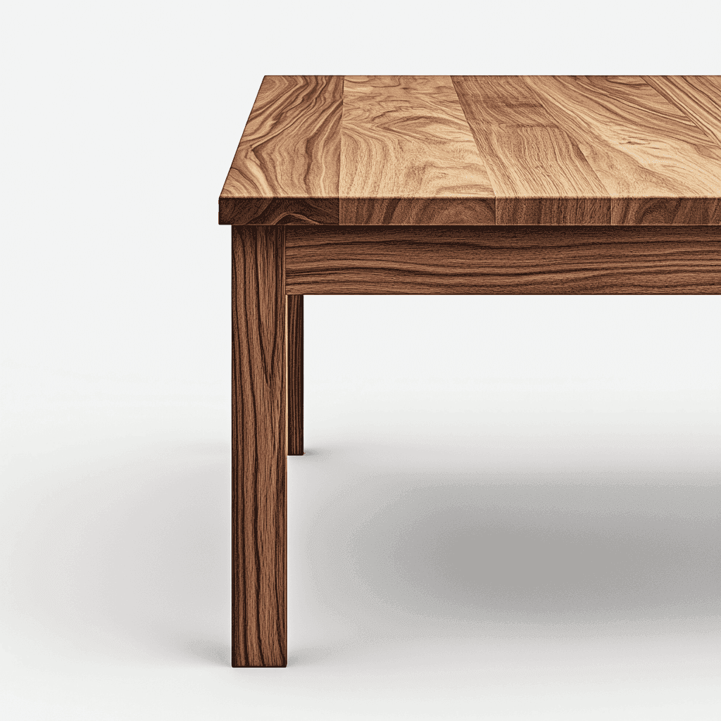 Ein Tisch mit Holz-Tischbein und -Platte, der sich nach rechts neigt.