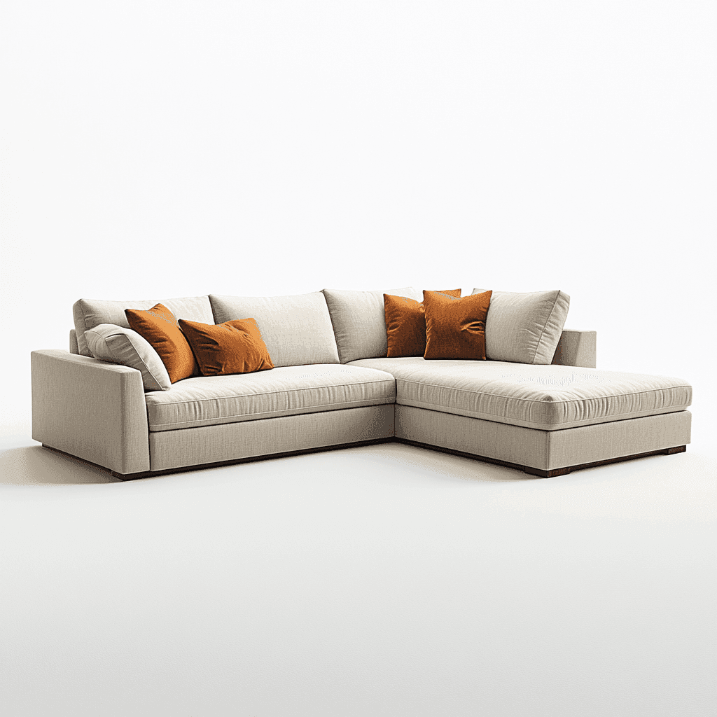 Ein weißes L-förmiges Sofa mit vier braunen Kissen auf weißem Grund steht im rechten Winkel.
