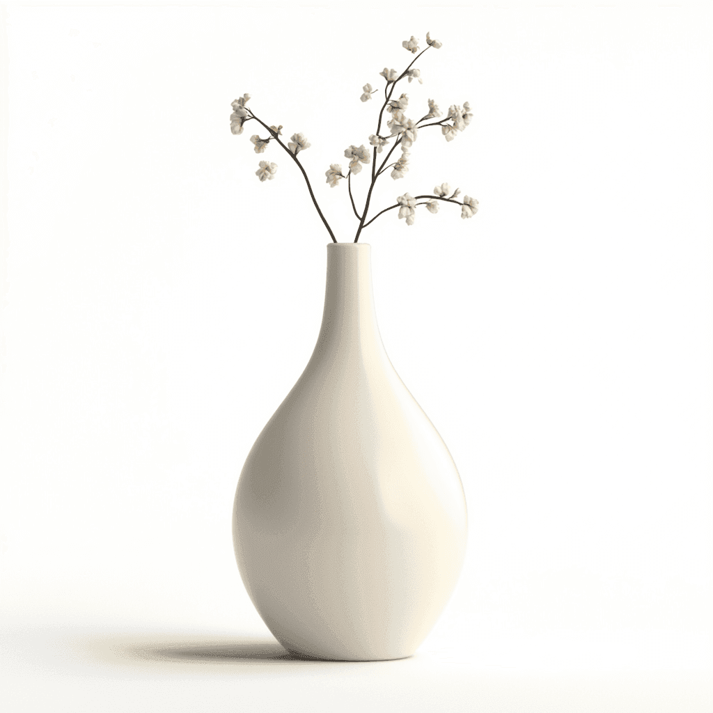 Weißer Vasen mit weißem Blumenstrauß auf weißer Tischplatte vor weißem Hintergrund.