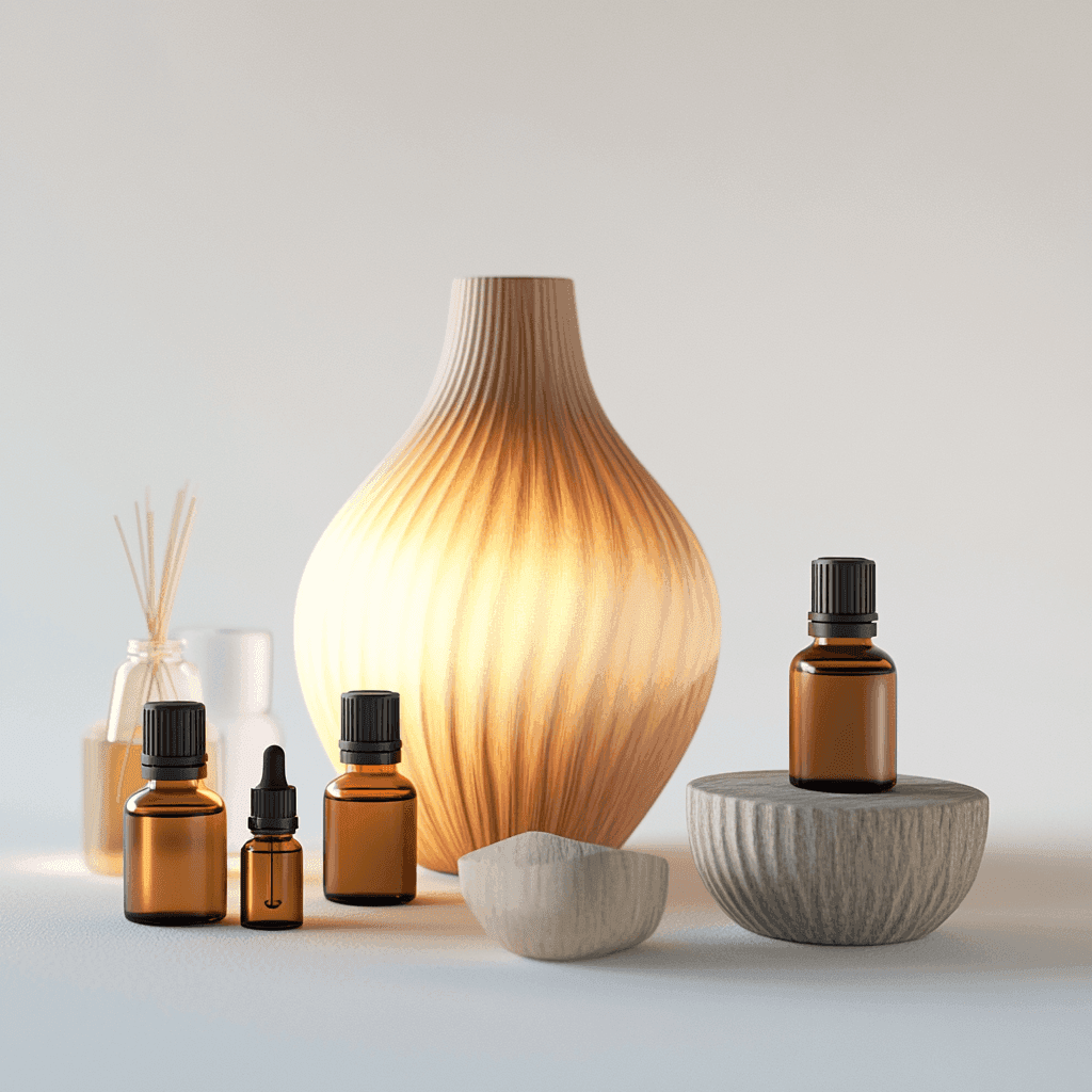 Arrangement verschiedener Düfte in Gläsern und einer Lampe auf weißem Tisch.