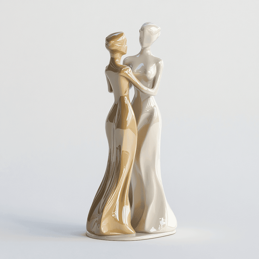 Zwei Figurinen, ein Mann und eine Frau, küssen sich und umarmen sich.  Aus Porzellan, schlicht und elegant.