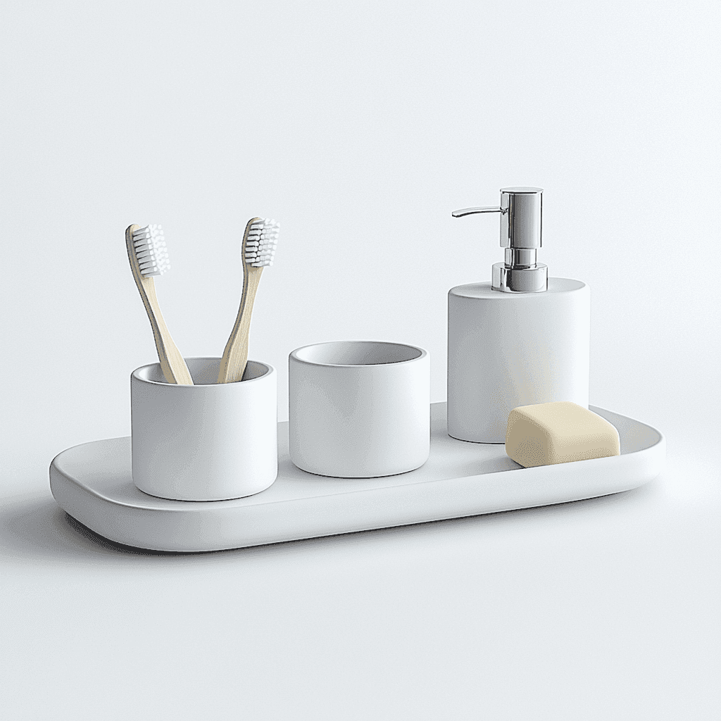 Ein weißes Badezimmer-Set bestehend aus Zahnbürstenhalterung, Tumbler und Seifendose. Ein Handtuch liegt auf dem Boden.