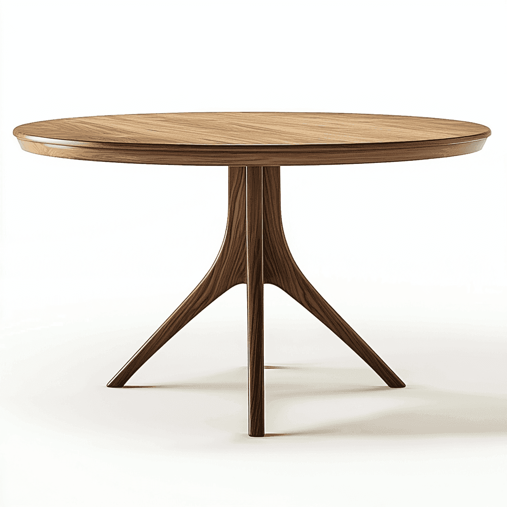 Ein Tisch mit einem runden Holztopf und einem dreibeinigen Ständer auf weißem Hintergrund.