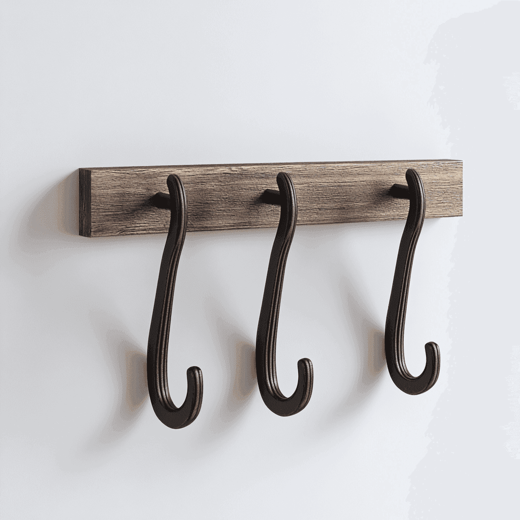 Drei Haken auf einem Holzblock an der Wand, zum Aufbewahren von Kleidung.
