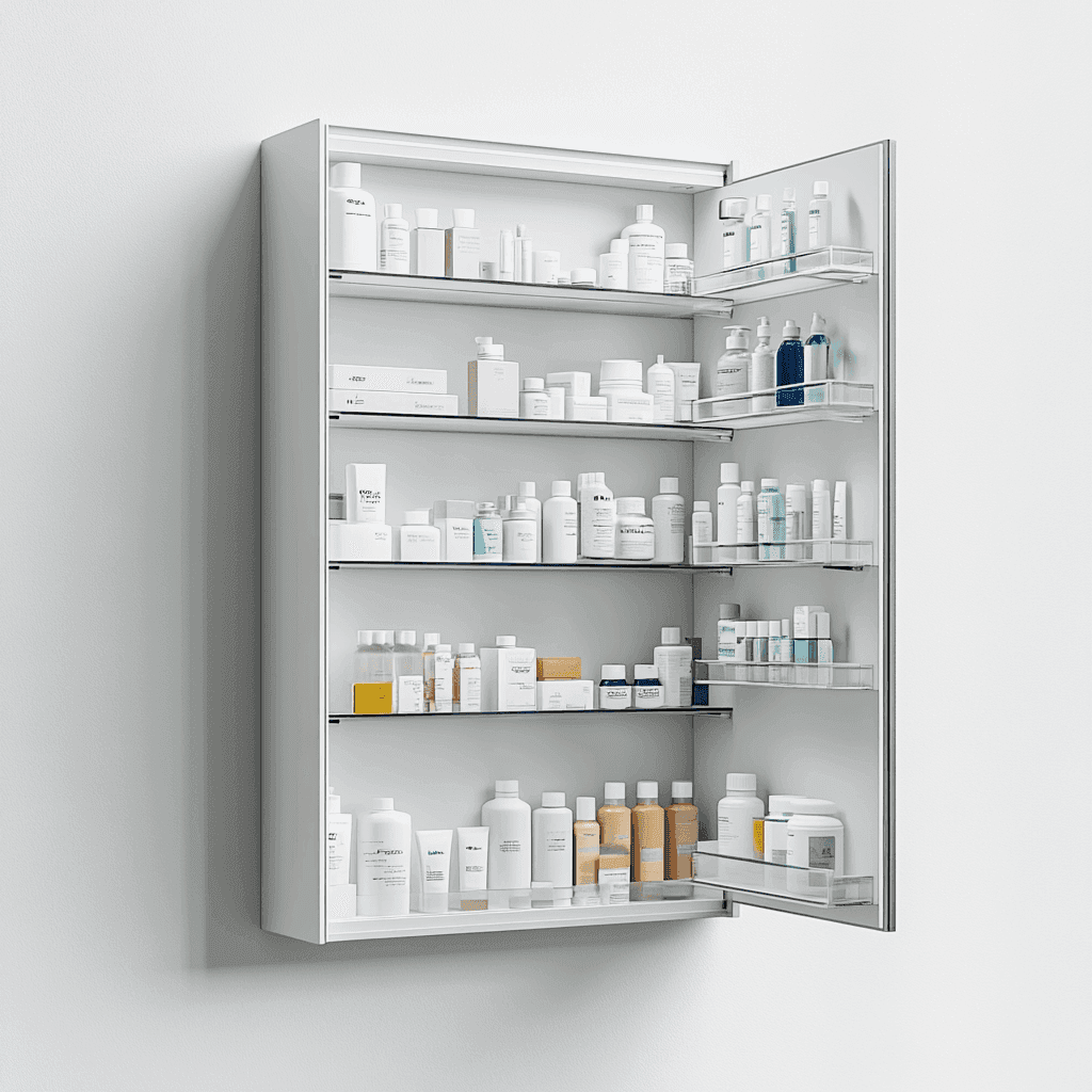 Medizin- oder Kosmetik-Schranksystem mit vielen Flaschen und Dosen an den Regalen.