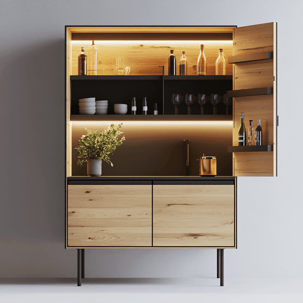 Schrank mit offenem Oberwandschrank und geschlossenem Unterboden, gefüllt mit Flaschen, Gläsern und einer Pflanze.