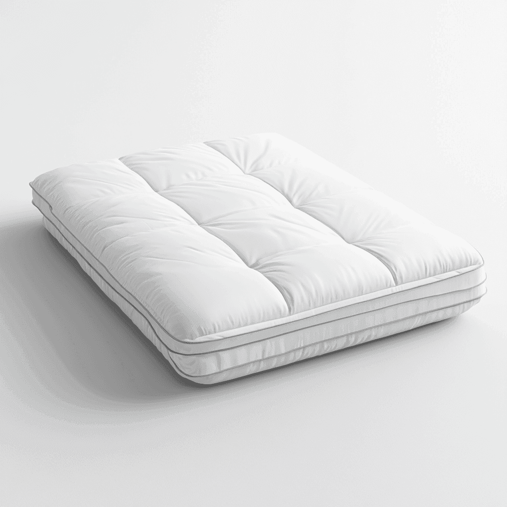 Weißes, bequemes Matratzenbett mit Kopfkissen und mehreren Kissen auf weißer Unterlage.