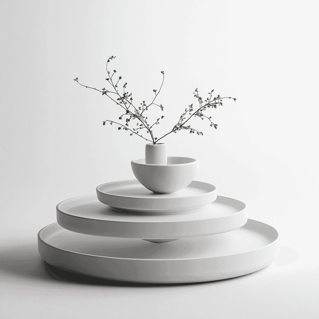 Weiße Vase mit Blüten auf dreistufigem Sockel aus weißen Schalen vor weißem Hintergrund.