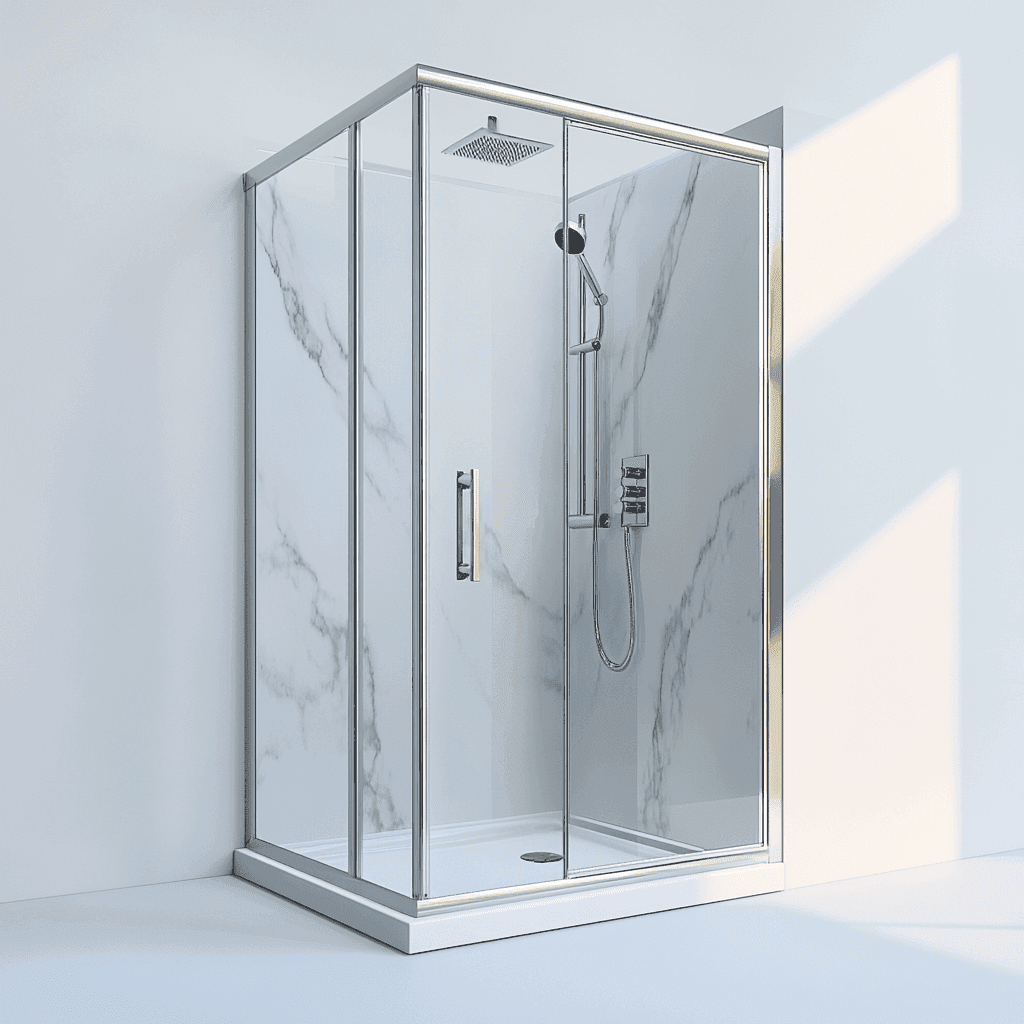 Moderne Dusche mit Glasabtrennung und Wasserstrahl vor weißem Hintergrund.