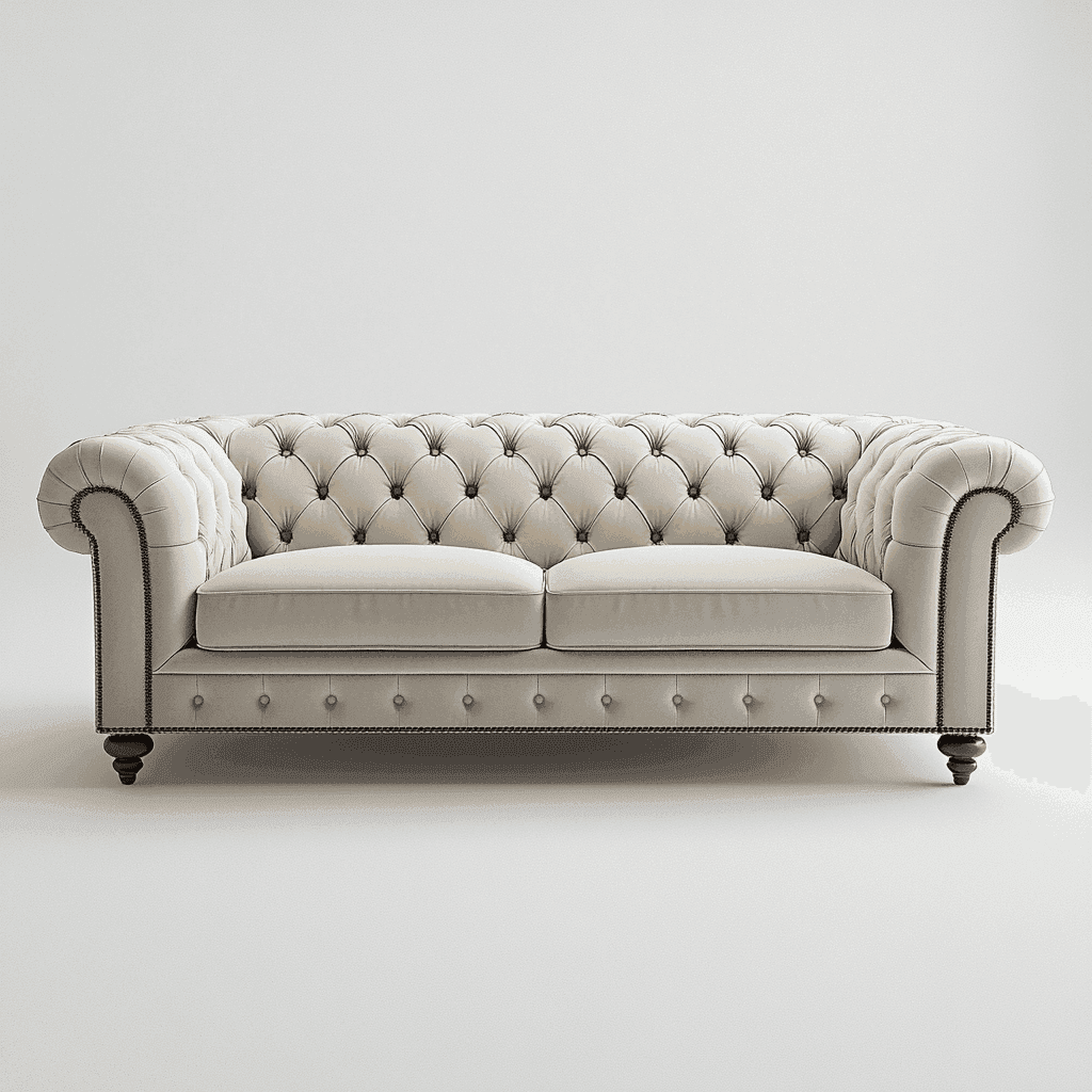 Weißes Sofa im Chesterfield-Design mit Kissen und schwarzer Polsterung.
