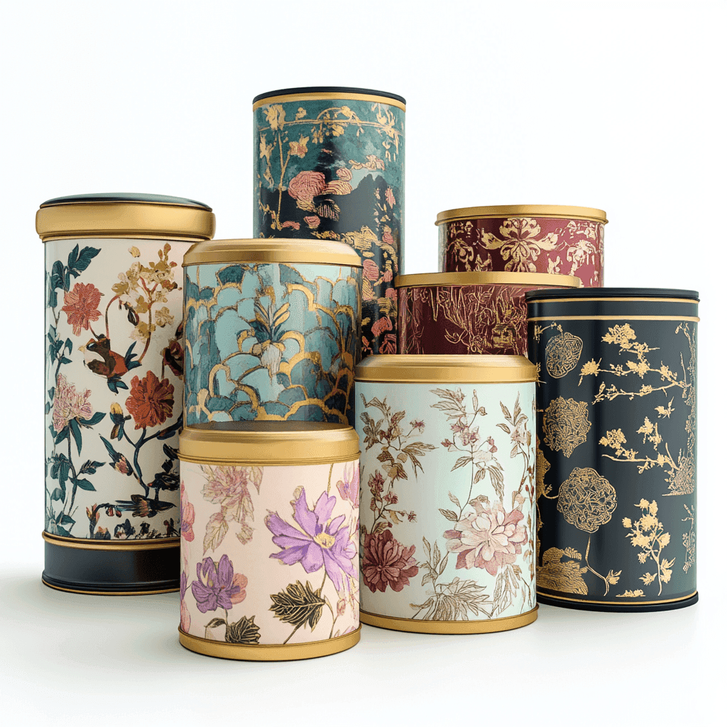 Eine Sammlung von Behältern unterschiedlicher Größe und Design mit chinesischen Motiven.