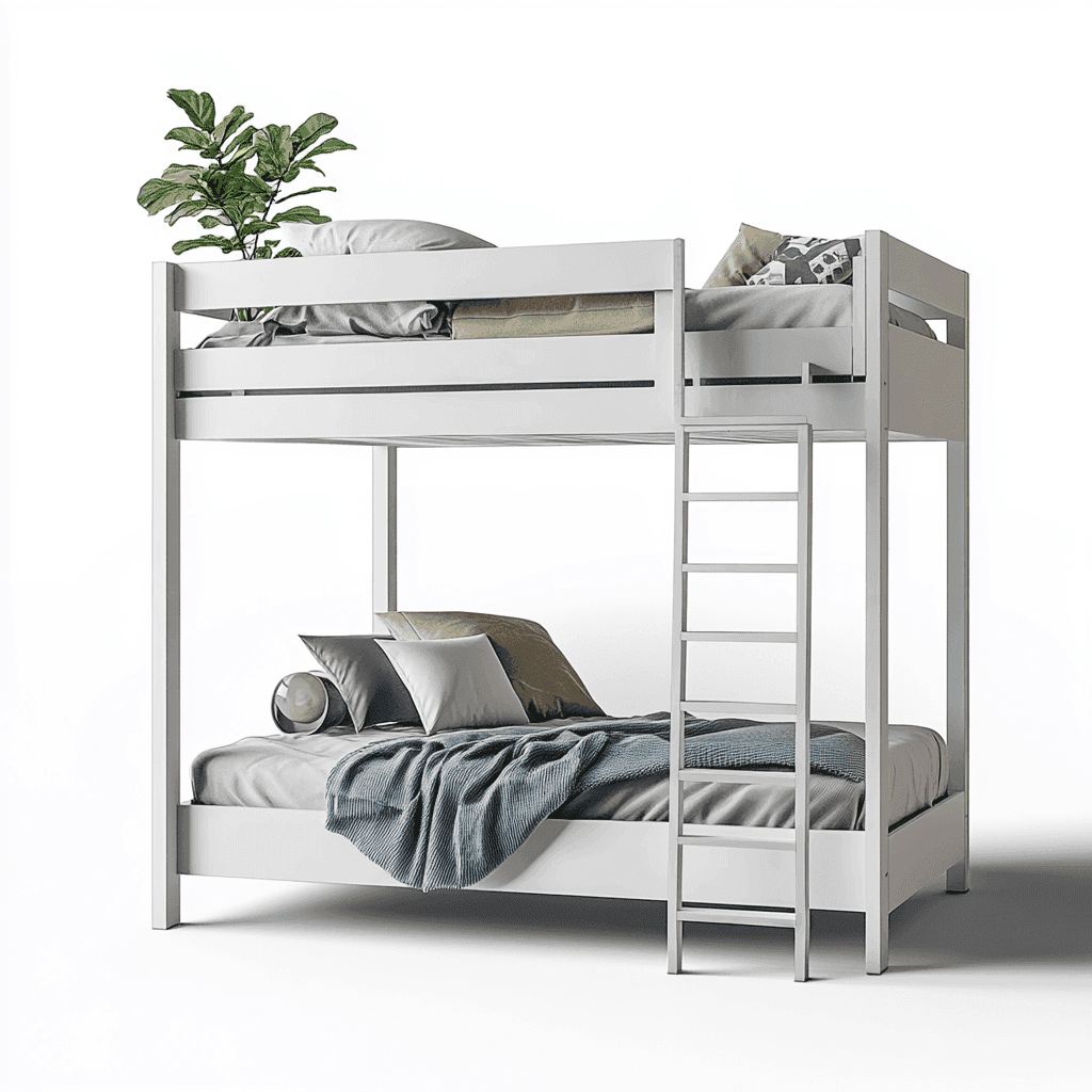 Weißes, zweistöckiges Bett mit Leiter und Blattwerk auf dem oberen Bett.  Mit Kissen und Decken ausgestattet.
